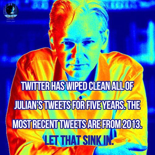 Twitter has wiped clean all of Julian’s tweets for five years. The most recent tweets are from 2013. Let that sink in.